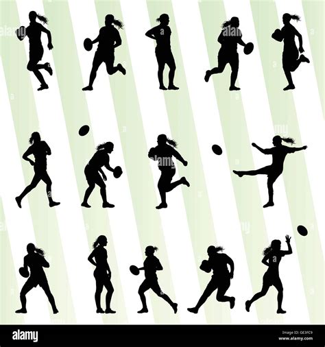 Rugby Player Woman Silhouette Vector Background Set Stock Vector Image