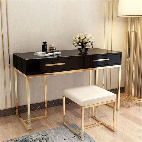 Rectangular Writing Desk Black Computer Desk With Drawer Gold Leg