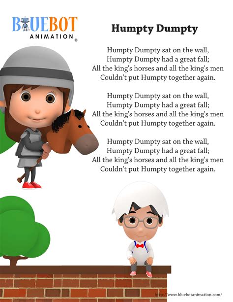 Humpty Dumpty Sat On The Wall Nursery Rhyme Lyrics Free Printable