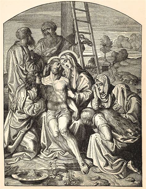 An Old Drawing Of Jesus Being Taken Down From The Cross By Two Men And