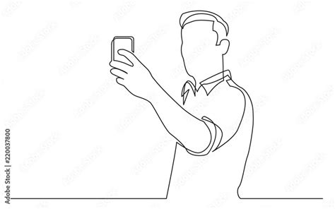 Continuous Line Drawing Of Standing Man Making Selfie With His Mobile