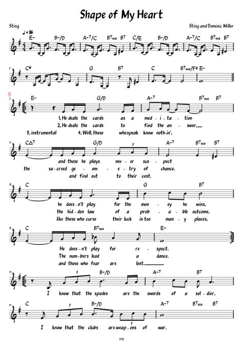 Shape Of My Heart Lead Sheet With Lyrics Sheet Music For Piano Solo Easy