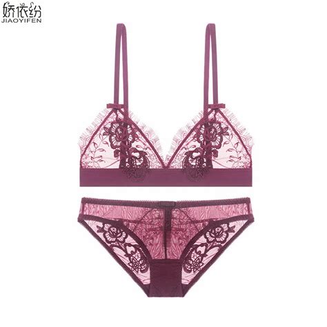 Jyf Hot Sale Vintage Sexy Lace Triangle Cup Bra Set Ultra Thin Semi Sheer Floral Women Underwear