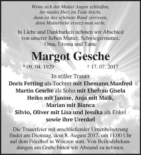 Traueranzeigen von Margot Gesche Märkische Onlinezeitung Trauerportal