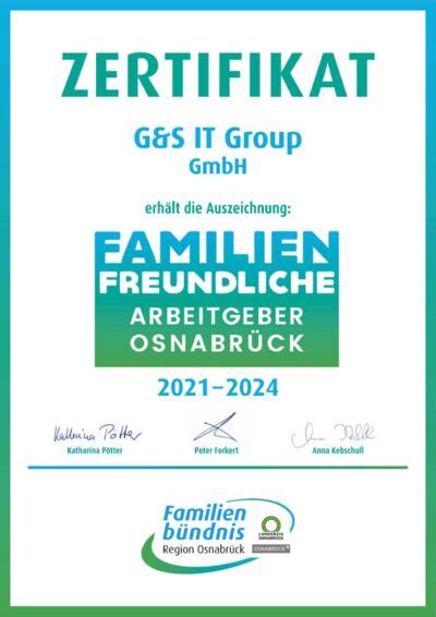 Zertifikat Als Familienfreundlicher Arbeitgeber G S It Group