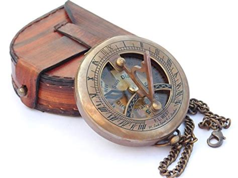 Neovivid Brass Sundial Compass With Leather Case And Chain Push Open Compass Steampunk