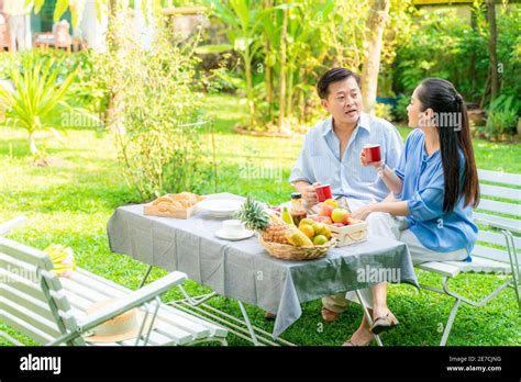 Senior Couple With Food And Drink Picnic In Garden Park Talking Care