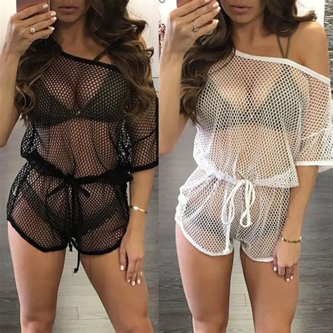 Summer Women Sexy Sheer Mesh Jumpsuits Bikini Cover Up Swimwear