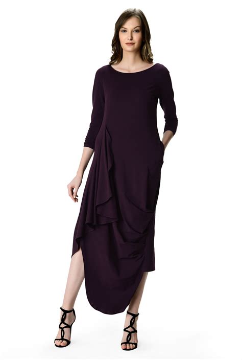 Shop Asymmetric Ruffle Drape Cotton Knit Shift Dress Eshakti