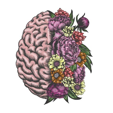 Premium Vector Hand Drawn Half Brain And Flowers Concept For Mental