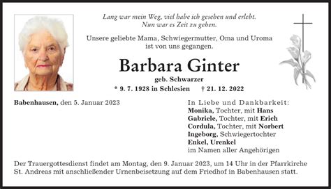 Traueranzeigen Von Barbara Ginter Augsburger Allgemeine Zeitung