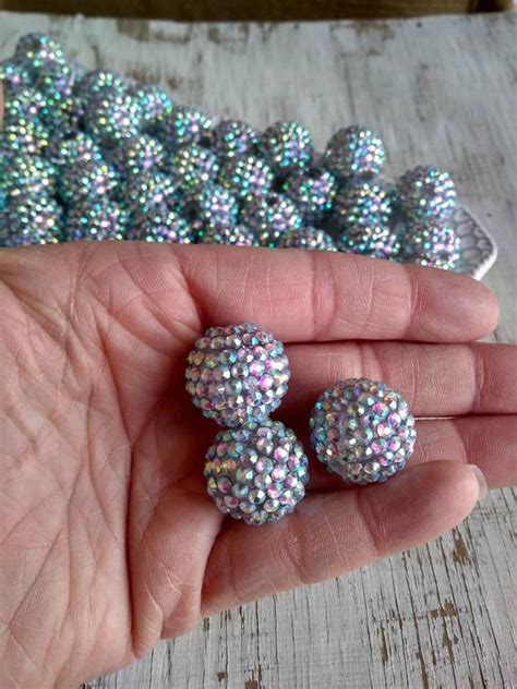 20mm Silver Iridescent Rhinestone Bubblegum Beads 10ct Gumball Beads