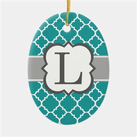 Teal Blue Monogram Letter L Quatrefoil Double-Sided Oval Ceramic ...