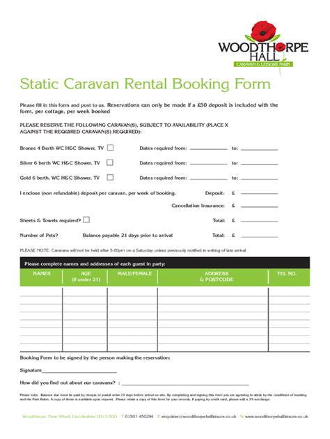 Fillable Online Static Caravan Rental Booking Form Fax Email Print