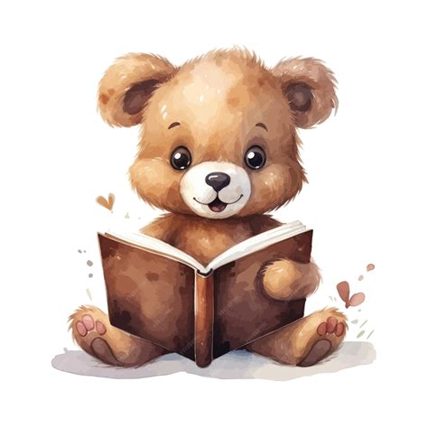 Cute Teddy Bear Reading A Book Watercolor Illustration Premium Ai