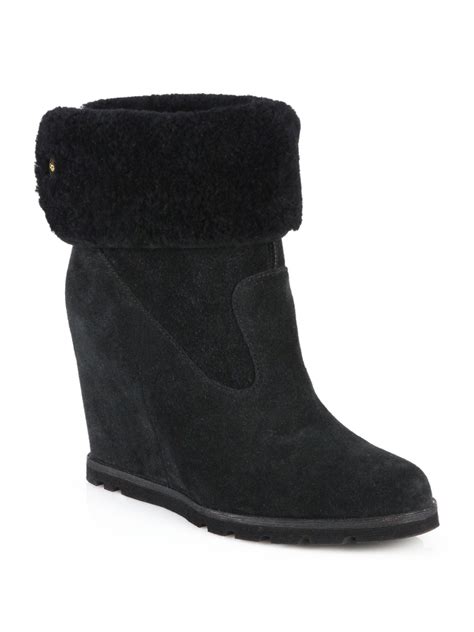 Ugg Kyra Suede And Shearling Wedge Booties In Black Lyst