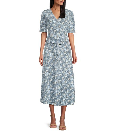 Preston York Sydney V Neck Short Sleeve Tie Waist Regatta Print Dress