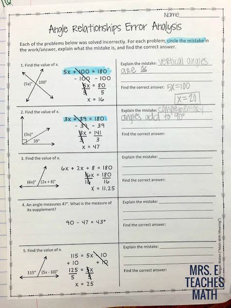 Special Angle Pairs Worksheet