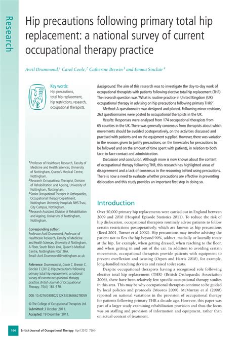 Pdf Hip Precautions Following Primary Total Hip Replacement A