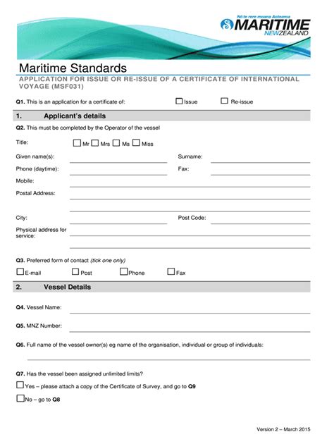 Fillable Online Maritimenz Govt Application For Issue Or Re Issue Of A