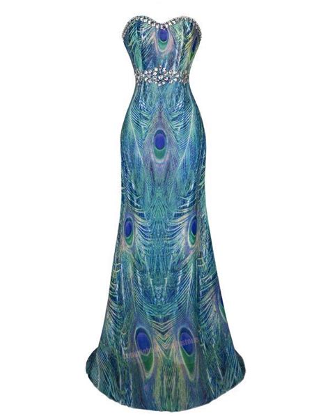 Fashion Peacock Feather Rhinestone Maxi Evening Party Dress S M L Xl 18