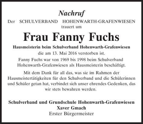 Traueranzeigen Von Fanny Fuchs Mittelbayerische Trauer