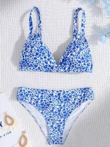 SHEIN Teen Girls Blue Ditsy Floral Spaghetti Strap Bikini Set For Beach Vacation Swimming
