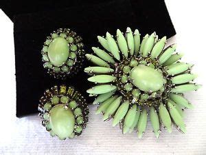 Vintage SCHREINER Set Green Milk Glass Navette Rhinestone BROOCH