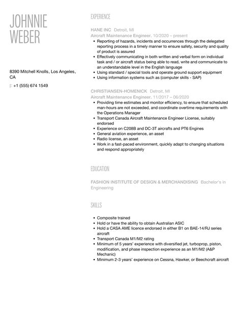 Aircraft Maintenance Engineer Resume Samples Velvet Jobs