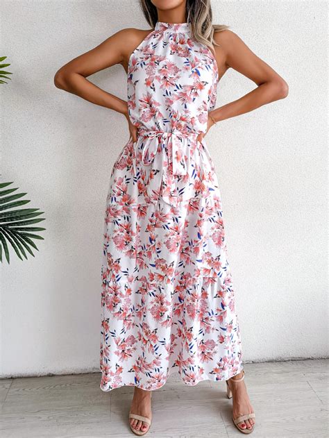 Sexy Halterneck Backless Floral Maxi Dress Sleeveless Lace Up Swing Vacation Wholesale Dresses