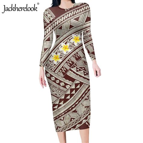 Jackherelook Polynesian Tribal Print Bodycon Dress For Womens Hibiscus