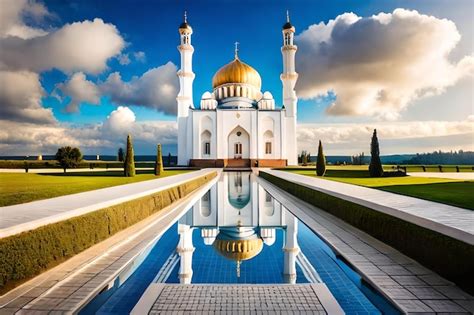 Premium Ai Image A Mosque With A Reflection Of The Sky And Trees In