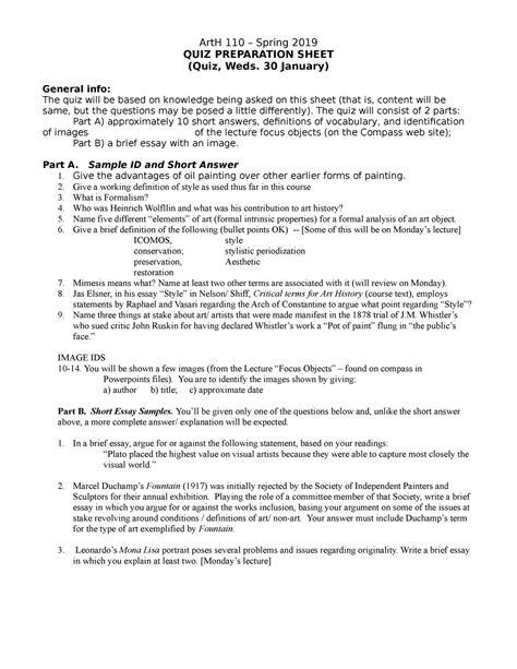 Art H 110 QUIZ Prep Sheet Spr 2019 ArtH 110 Spring 2019 QUIZ