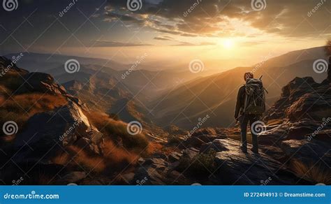 Hiker Standing At Mountain Summit Appreciating The Amazing View Of