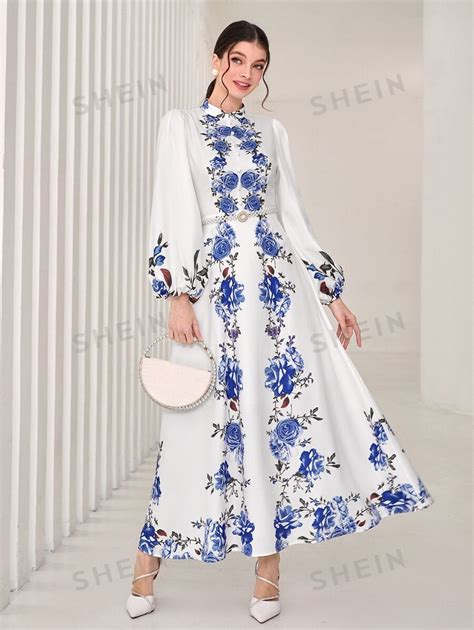 Shein Modely Floral Print Mock Neck Lantern Sleeve Dress Without Belt