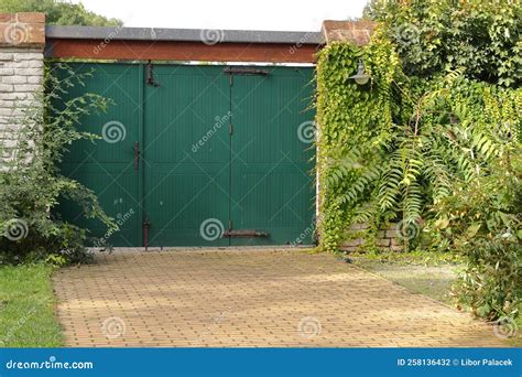 Closed Green Wooden Gate In The Garden Walls Overgrown With Plants