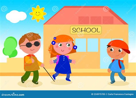 Blind Boy Goes To School With Friends Vector Stock Vector