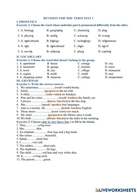 Revison For Mid Term Test 1 Worksheet Live Worksheets