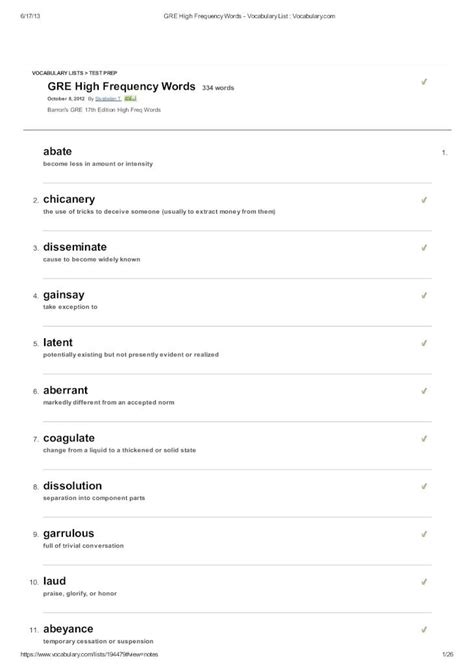 Pdf Gre High Frequency Words Vocabulary List Vocabulary Dokumen