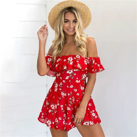 Off Shoulder Playsuit Summer Playsuits Women Rompers Printed Floral Playsuite Ruffle Boot Cut