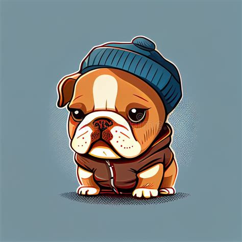 Cute Bulldog Comic Wearing A Beanie With Sweater And Hut Stock