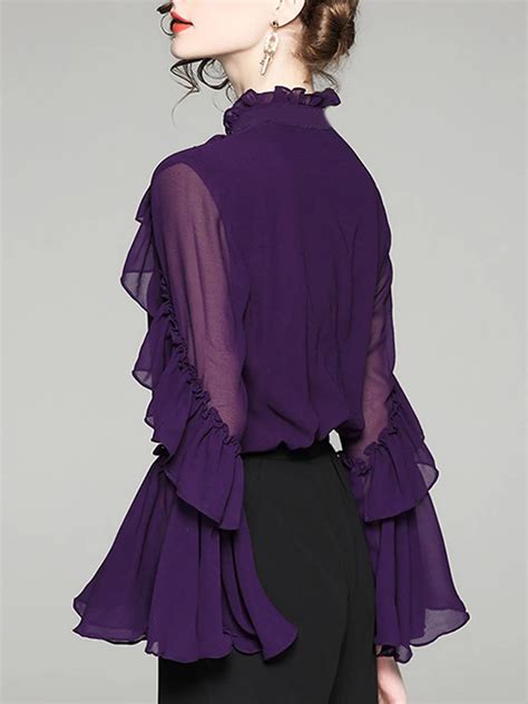 Stylewe Purple Elegant Women Blouses Polyester Daily Ruffled Blouses