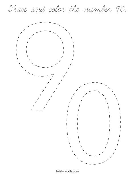 Trace and color the number 90 Coloring Page - Cursive - Twisty Noodle