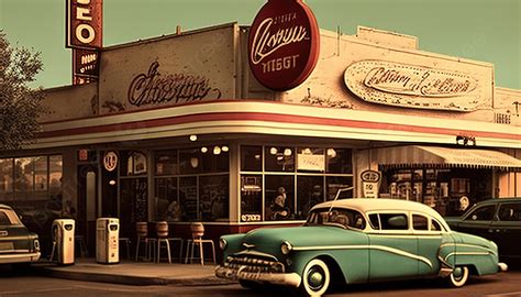 Vintage Car Parked Outside A Fast Food Restaurant Background Retro