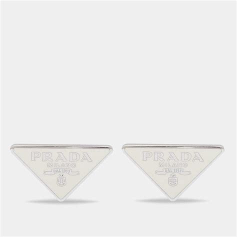 Prada Silver Logo Enamel Triangle Symbole Stud Earrings Prada The