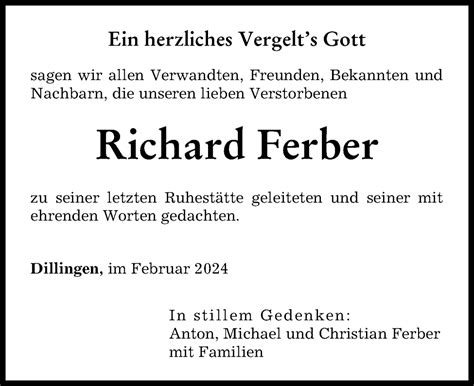 Traueranzeigen Von Richard Ferber Augsburger Allgemeine Zeitung