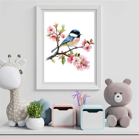 Chickadee Bird Watercolor Painting Chickadee Printable Wall Art