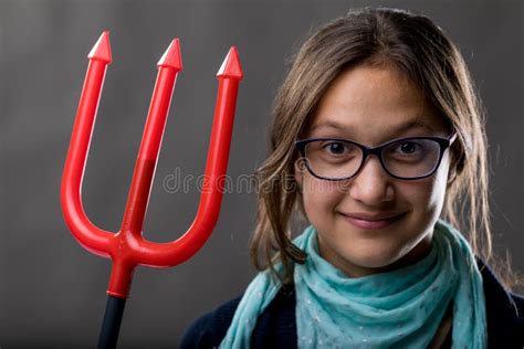 Little Girl With A Big Pitchfork Stock Image Image Of Brat Rascal