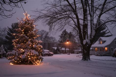 Snowy Winter Small Town Scene with a Large Outside Decorated Christmas Tree Stock Illustration ...