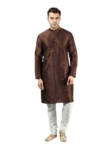 Buy Ethluxis Mens Coffee And White Silk Blend Kurta Chudidar Pyjama Set